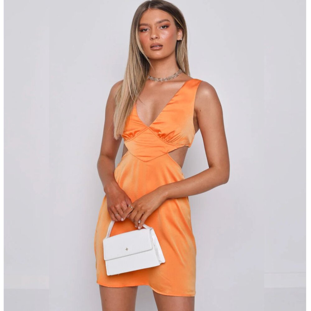 Beginning Boutique Vargas Orange Satin Cut Out Mini Dress, US 2 AU 6 NWT